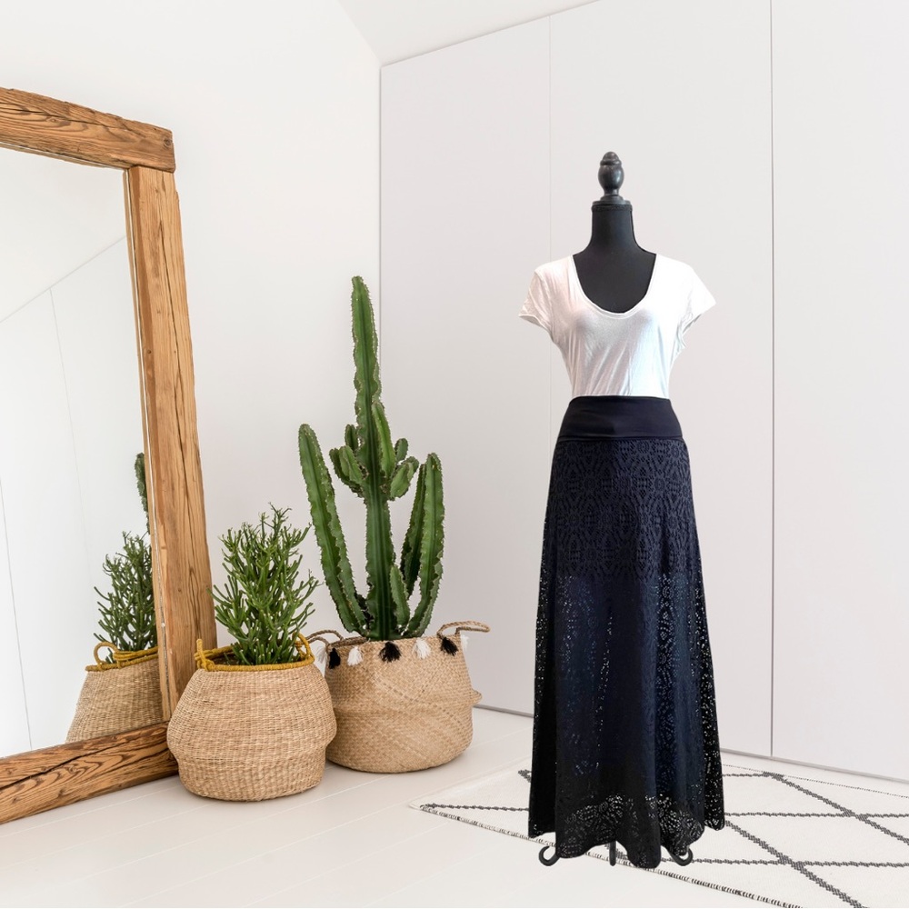 Lola & Sophie Fold Over Soft Waist Semi-Sheer Open Knit Stretch Maxi Ski…
